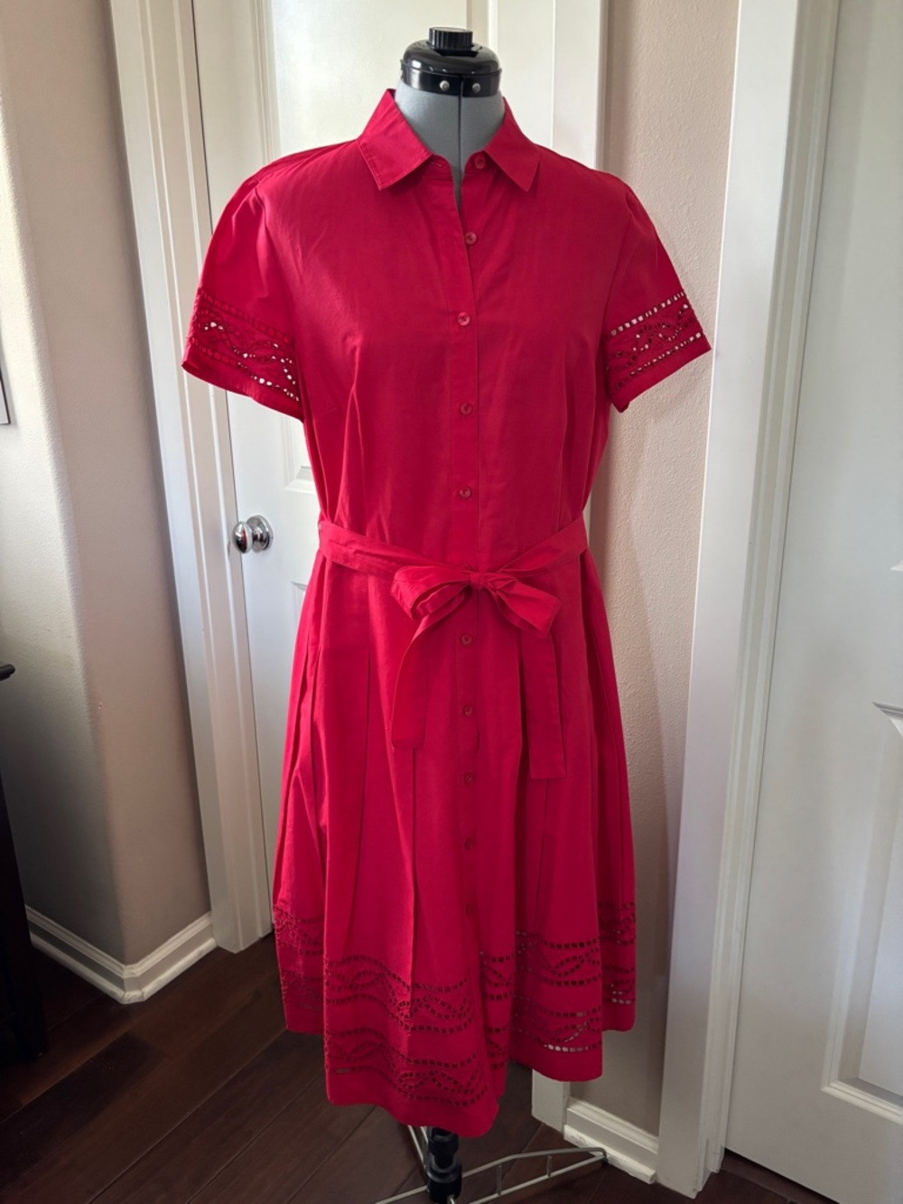 Talbots Short Sleeve Eyelet Shirt Dress, Red, Size 10